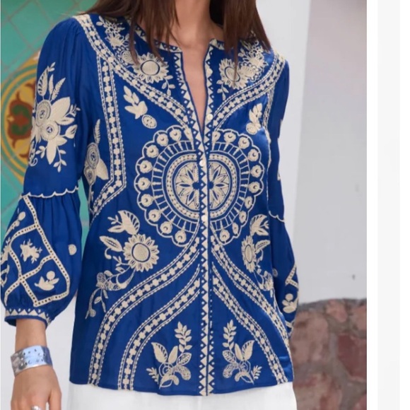Johnny Was Tops - Johnny Was Brynlee Scallop Sleeve Embroidered Blue Women's Blouse